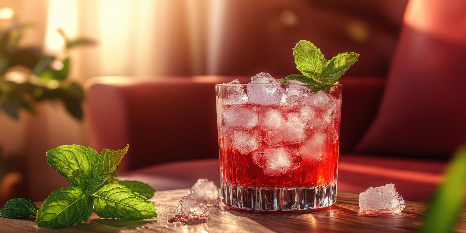 Refreshing drink with mint and ice served on wooden table in cozy living room during afternoon sunlight